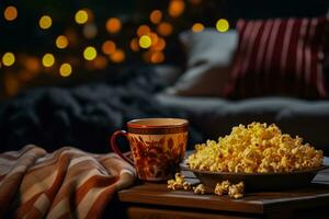 Home movie night scene with popcorn and soft throws background with empty space for text photo