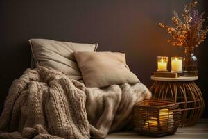 Cozy hygge inspired room illuminated warmly background with empty space for text photo