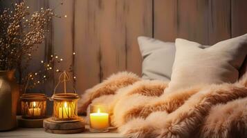 Cozy hygge inspired room illuminated warmly background with empty space for text photo