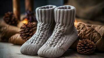 Woolen socks and comfy slip ons closeup background with empty space for text photo