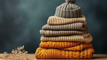 Assorted knitted garments and comfortable accessories background with empty space for text photo