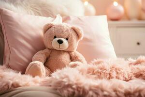 Soft plush pajamas and fluffy pillows on bed background with empty space for text photo