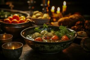 Hearty soup in rustic bowl amid flickering candles embodying hygge comfort photo