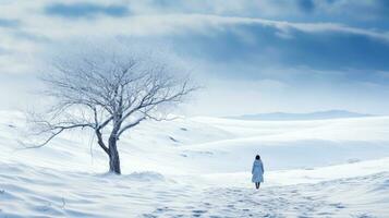 Solitary figure walking in snowy winter landscape background with empty space for text photo