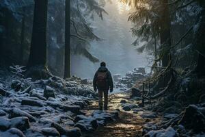 solo vagabundo abrazando soledad en un sereno nieve cubierto bosque paisaje foto