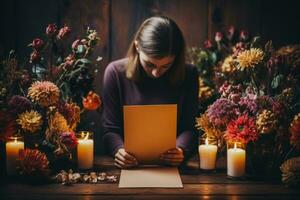 Person scribing thoughts by candlelight background with empty space for text photo