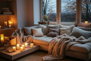 Cozy living room illuminated with soft lights and plush blankets photo