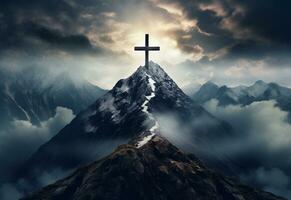 Ai Generative A stunning landscape silhouette with a crucifix at its center, symbolizing the resurrection of Jesus and the Christian faith. The beautiful mountain scenery, the vibrant sky. photo