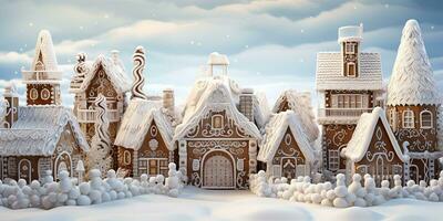 Christmas village of gingerbread houses. postcard for Christmas, New Year. AI generated photo