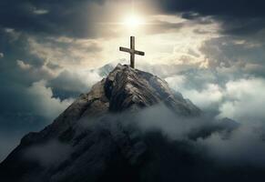 Ai Generative A stunning landscape silhouette with a crucifix at its center, symbolizing the resurrection of Jesus and the Christian faith. The beautiful mountain scenery, the vibrant sky. photo