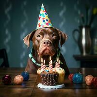 linda perro en un gorra y con un cumpleaños pastel. ai generado foto