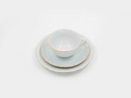 luxury white coffee cup set on white background, plates and bowl on white background. photo