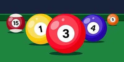 Billiard table with balls close up. Snooker or pool sport play, banner template. Vector illustration.