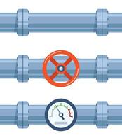 Pipe of water with valve and meter of pressure. Pipe elements. System of pipeline with valve and manometer for industry. Construction of steel tube. Vector illustration.