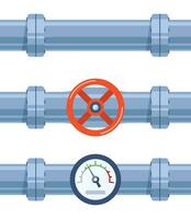 Pipe of water with valve and meter of pressure. Pipe elements. System of pipeline with valve and manometer for industry. Construction of steel tube. Vector illustration.