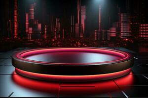 Ai Generated photo red light round podium and black background for mock up realistic image