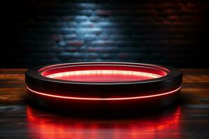 Ai Generated photo red light round podium and black background for mock up realistic image