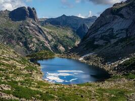 increíble alpino paisaje con montaña lago en Roca verde Valle debajo azul cielo. atmosférico tierras altas paisaje con hermosa glacial lago entre iluminado por el sol colinas y rocas en contra montaña rango. foto