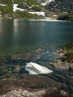 Atmospheric mountain landscape with small clear ice floats on water surface of lake. Awesome mountain scenery with icy mountain lake. photo