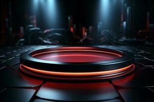 Ai Generated photo red light round podium and black background for mock up realistic image