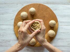 Arabic meat appetizer Kibbeh. Traditional Arabic kibbeh with lamb and pine nuts. photo