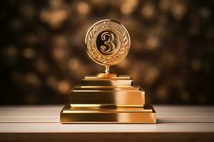 Gold award, prize for 3rd place on a wooden table top with golden bokeh on the background. Competition concept. Generated by artificial intelligence photo