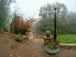 Soft focus. Beautiful old stone staircase and lantern in the misty park of Zheleznovodsk. Old stone staircase in the autumn misty park. Stairs down. photo