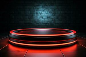 Ai Generated photo red light round podium and black background for mock up realistic image