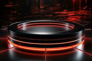 Ai Generated photo red light round podium and black background for mock up realistic image