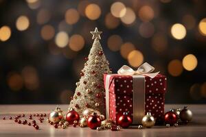 Ai Generative Background of christmas tree and red gift box on a christmas empty background with copy space photo