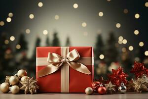 Ai Generative Background of christmas tree and red gift box on a christmas empty background with copy space photo