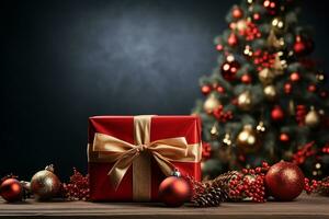 Ai Generative Background of christmas tree and red gift box on a christmas empty background with copy space photo