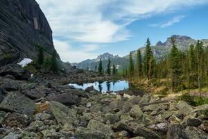 Mountain lake in the valley. Summer landscape of crystal blue lake with rocks in mountain valley. Hiking in Western Sayan. Amazing top view in Ergaki Nature Park. photo