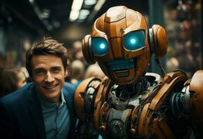 Ai Generative man in a suit and tie is taking a selfie with a robot photo