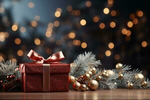 Ai Generative Background of christmas tree and red gift box on a christmas empty background with copy space photo