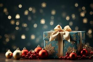 Ai Generative Background of christmas tree and red gift box on a christmas empty background with copy space photo