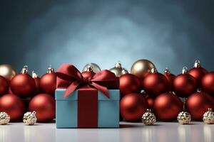 Ai Generative Background of christmas tree and red gift box on a christmas empty background with copy space photo