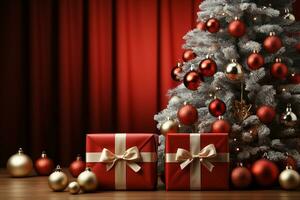 Ai Generative Background of christmas tree and red gift box on a christmas empty background with copy space photo