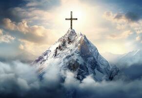 Ai Generative A stunning landscape silhouette with a crucifix at its center, symbolizing the resurrection of Jesus and the Christian faith. The beautiful mountain scenery, the vibrant sky. photo