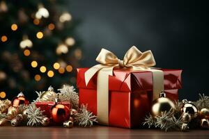 Ai Generative Background of christmas tree and red gift box on a christmas empty background with copy space photo