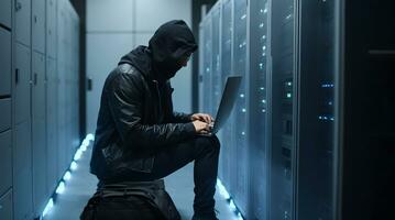 Anonymous hacker typing computer. Concept of cybercrime, cyberattack, dark web. photo