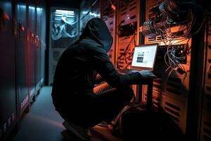 Anonymous hacker typing computer. Concept of cybercrime, cyberattack, dark web. photo