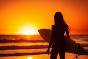 Beautiful sexy surfer girl on the beach at sunset photo