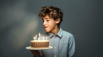 caucásico chico y un cumpleaños pastel con velas foto