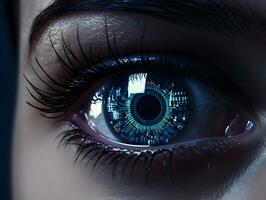 Woman eye with digital coding iris screen. Concept of iris recognition. photo