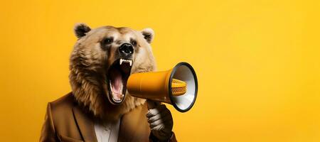 Bear announcing using hand speaker. Notifying, warning, announcement. photo