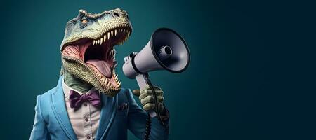 Dinosaur announcing using hand speaker. Notifying, warning, announcement. photo