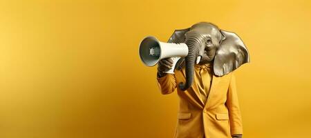Elephant announcing using hand speaker. Notifying, warning, announcement. photo