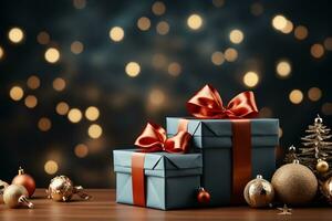 Ai Generative Background of christmas tree and red gift box on a christmas empty background with copy space photo