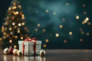 Ai Generative Background of christmas tree and red gift box on a christmas empty background with copy space photo